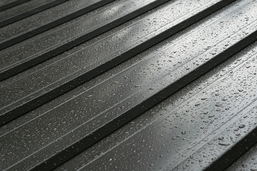 Close up of a metal roof after rain.