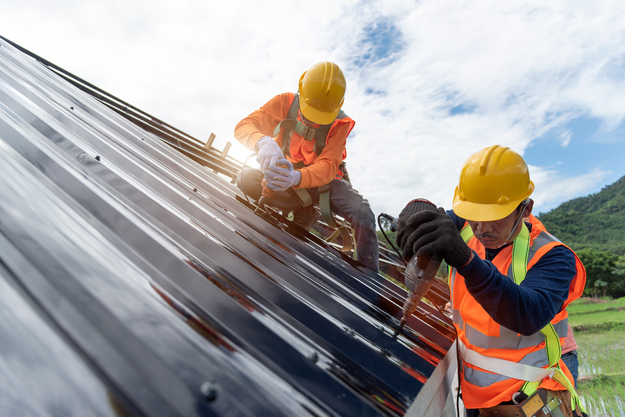 Roofing contractor installing a residential metal roof.