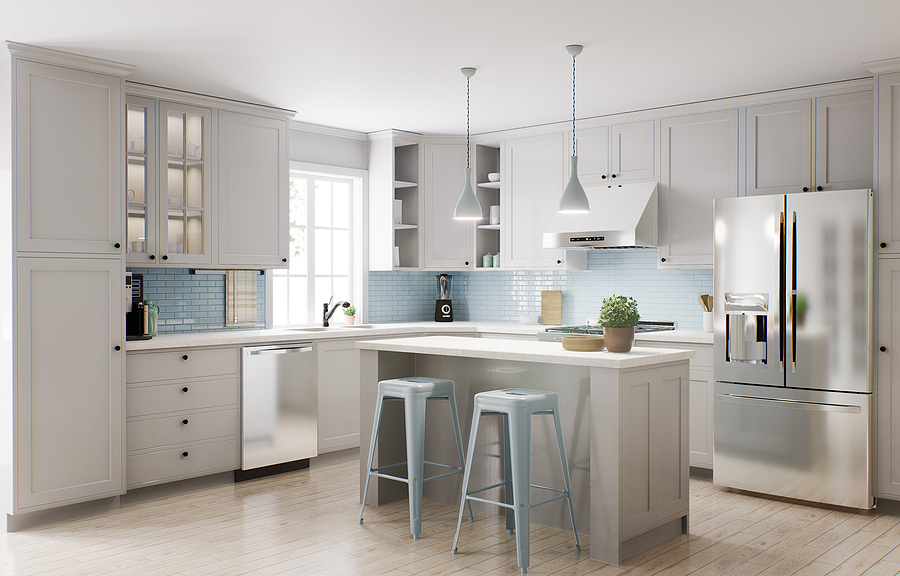 white kitchen with L counter layout and island, light blue backsplash