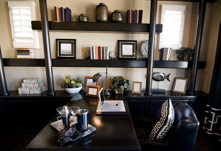 Beautifully designed home office interior with shutter window light