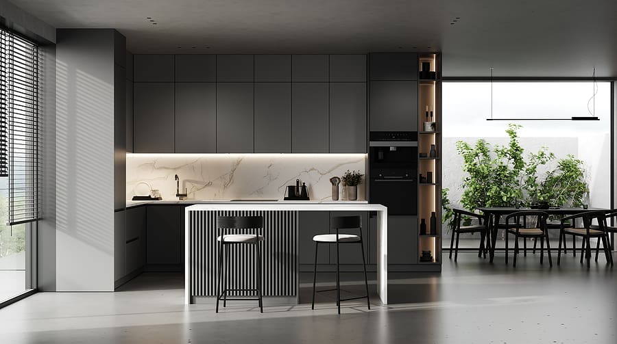 Modern dark kitchen and dining room interior with furniture and kitchenware,