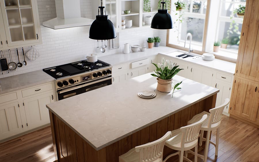 The interior of a large U-shaped kitchen with a wooden front and a large island. Stylish, cozy kitchen with appliances and plants with sun rays. View from the ceiling to kitchen.