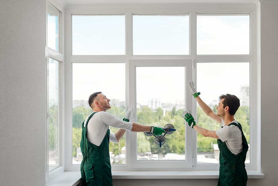 Two male window installers replacing a large window.