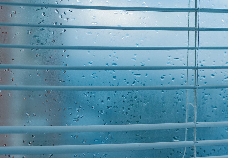 Window with open blinds with visible condensation on the window. 